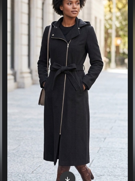 Athwab Jackets & Blazers - Athwab Black Long Belted Coat Removable Hood Full Zip Sz 40 Fits Like Small